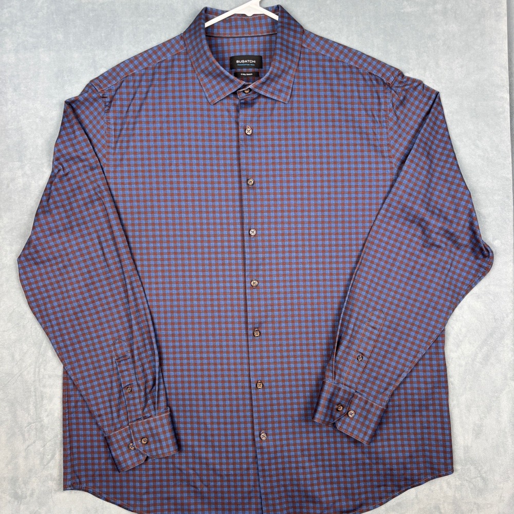 Bugatchi OoohCotton Tech Mens Shirt Chocolate Blue Gingham 8-Way Stretch